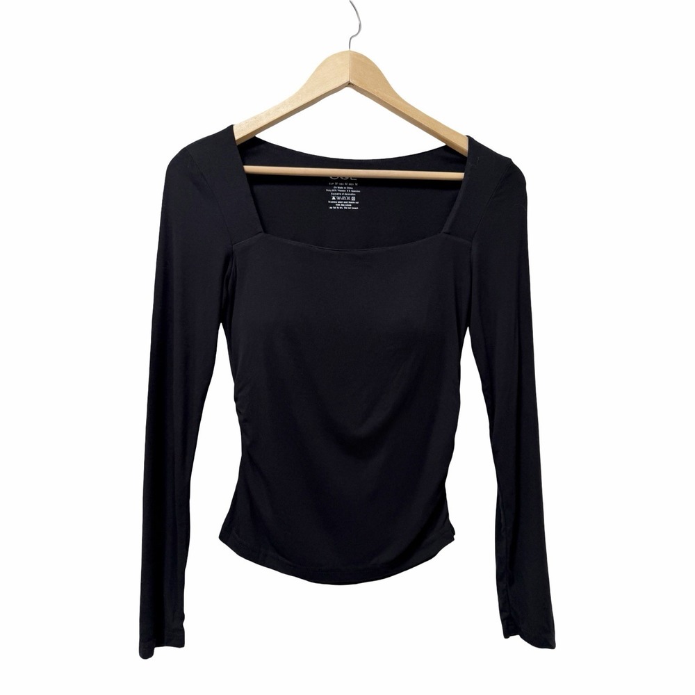 OGL Womens Padded Long Sleeve Square Neck Top Size M Black Built In Bra Minimal